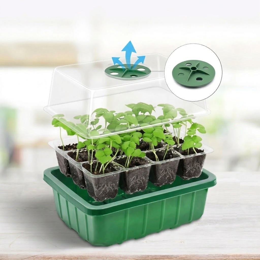 Seed Starter Tray - Verstellbare Feuchtigkeitskuppeln, Klare Zellenkassette, Saatgut-Anzuchtschale mit